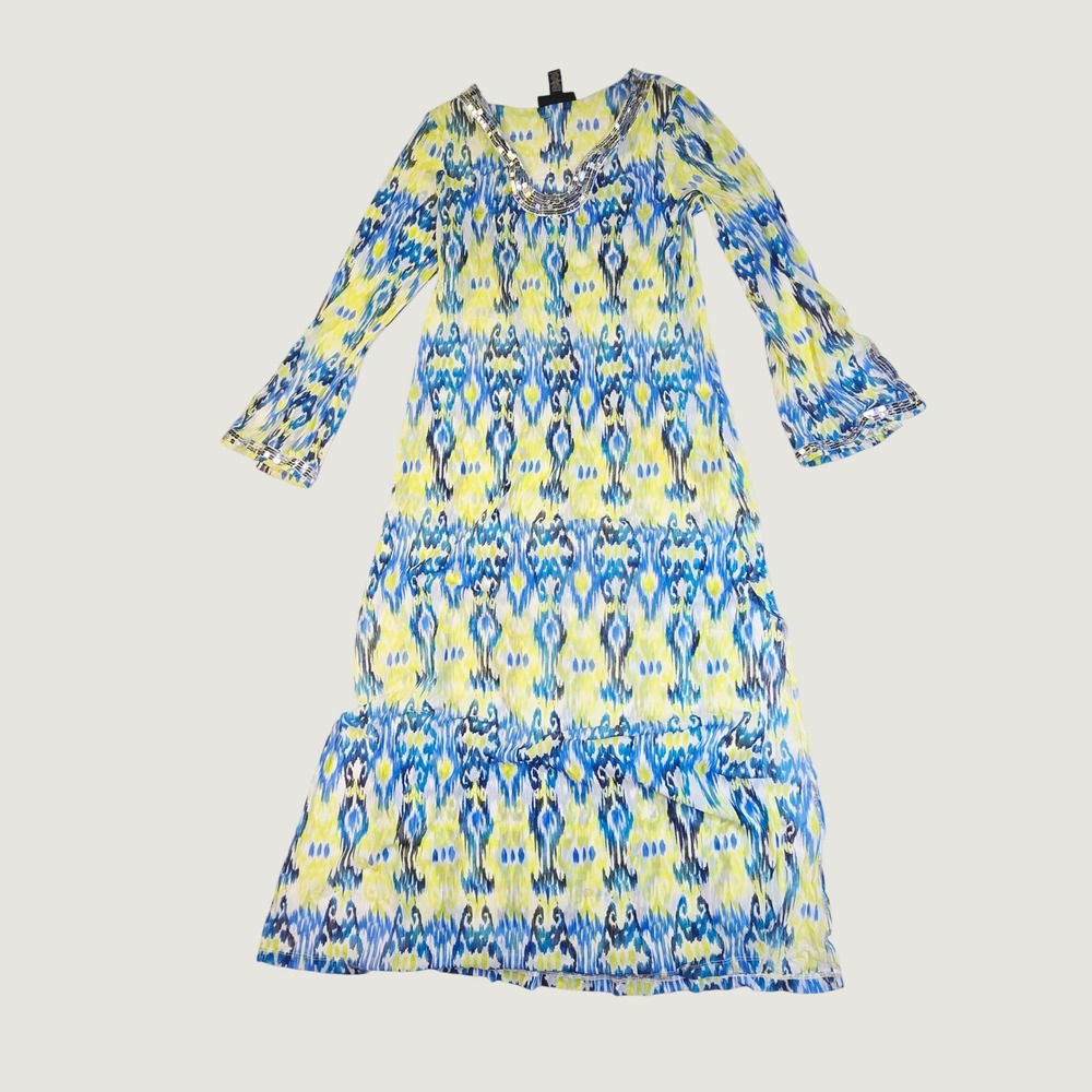 INC International Concepts Ikat Maxi Dress Women's Large Blue Yellow Sequin Trim